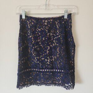 Aqua Skirt Navy Blue Tan Lining Mini Short Floral Lace Side Zipper Feminine XS